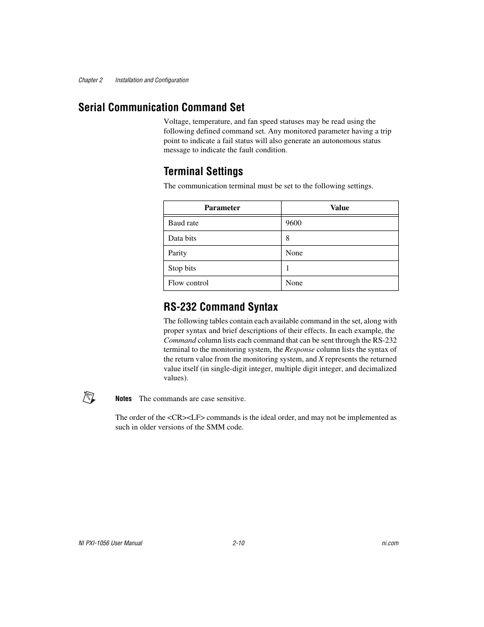 Serial communication command set, Terminal settings, Rs-232 command syntax | Serial communication command set -10, Terminal settings -10 rs-232 command syntax -10 | National Instruments NI PXI-1056 User Manual | Page 25 / 65