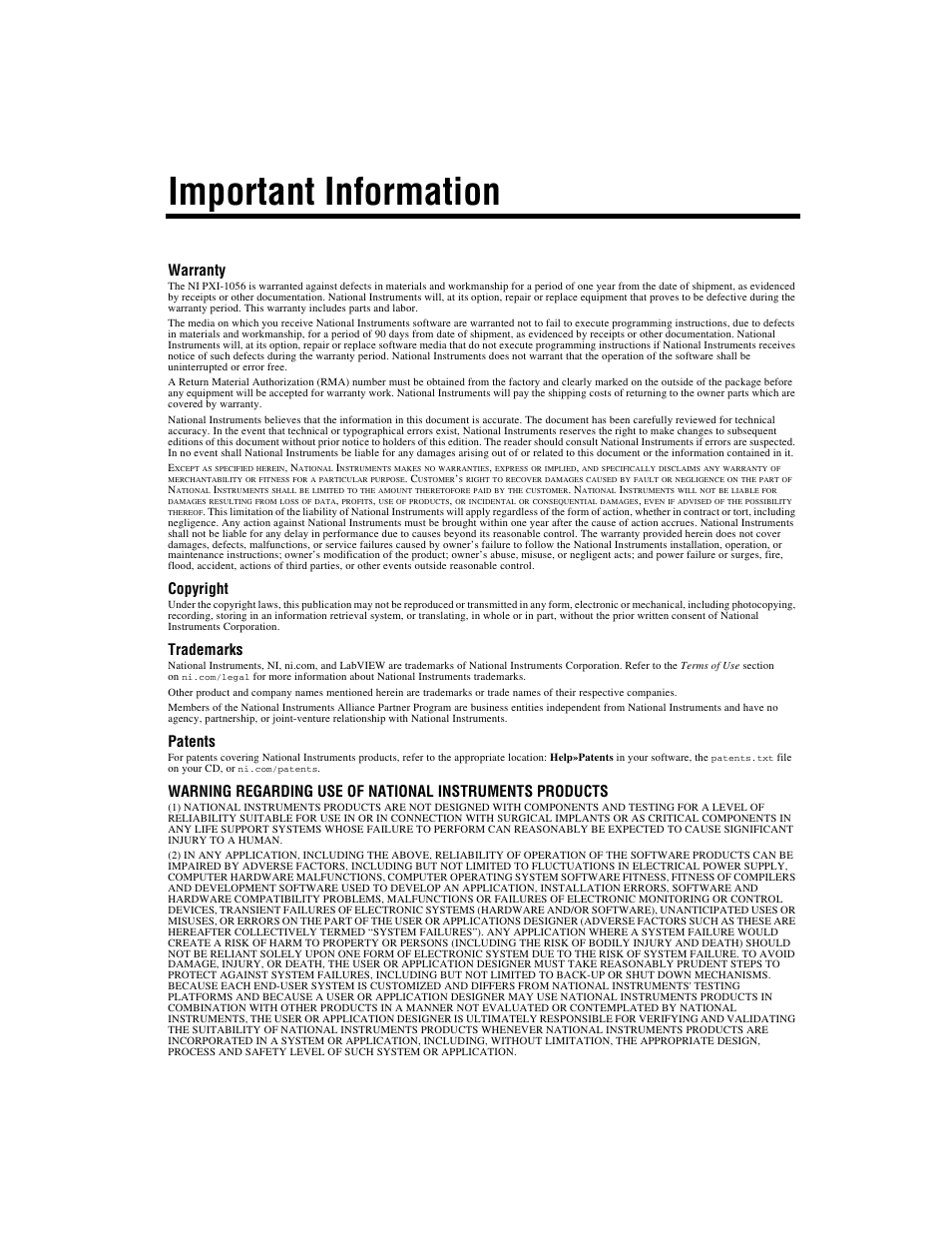 Important information, Warranty, Copyright | Trademarks, Patents | National Instruments NI PXI-1056 User Manual | Page 3 / 65