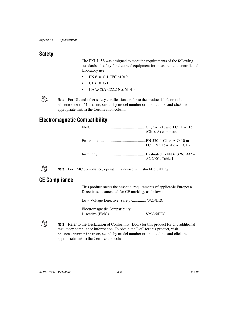 Safety, Electromagnetic compatibility, Ce compliance | National Instruments NI PXI-1056 User Manual | Page 40 / 65