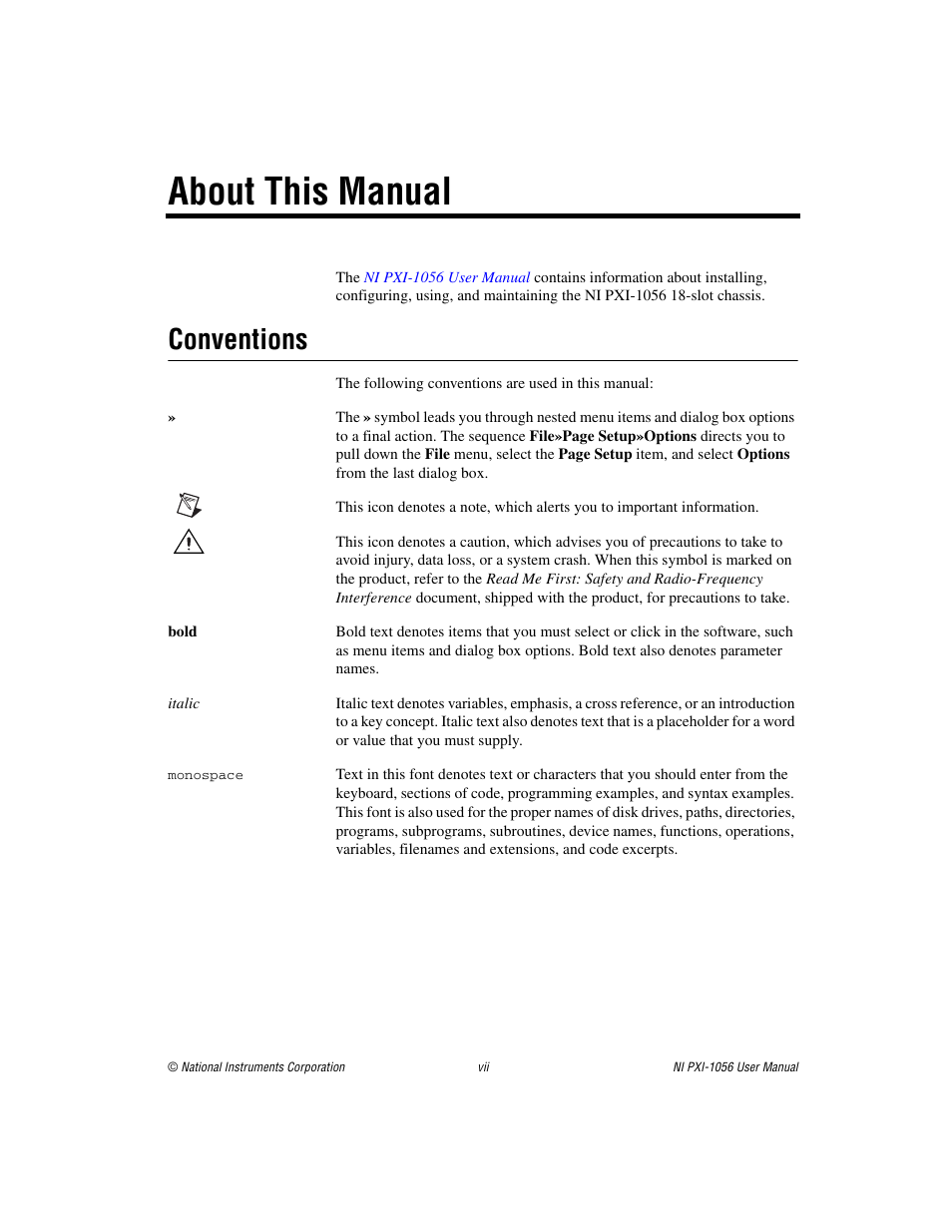 About this manual, Conventions | National Instruments NI PXI-1056 User Manual | Page 6 / 65