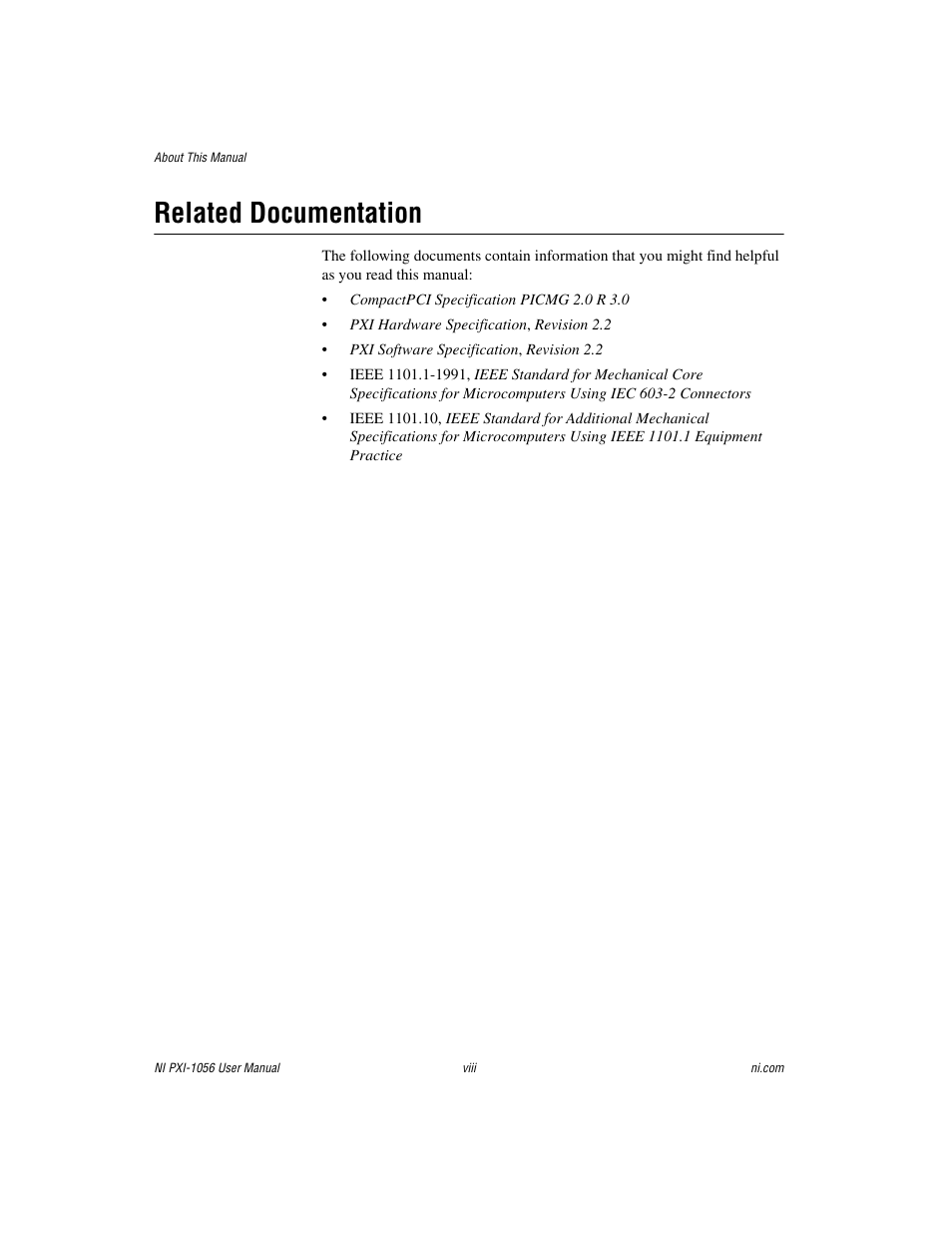 Related documentation | National Instruments NI PXI-1056 User Manual | Page 7 / 65
