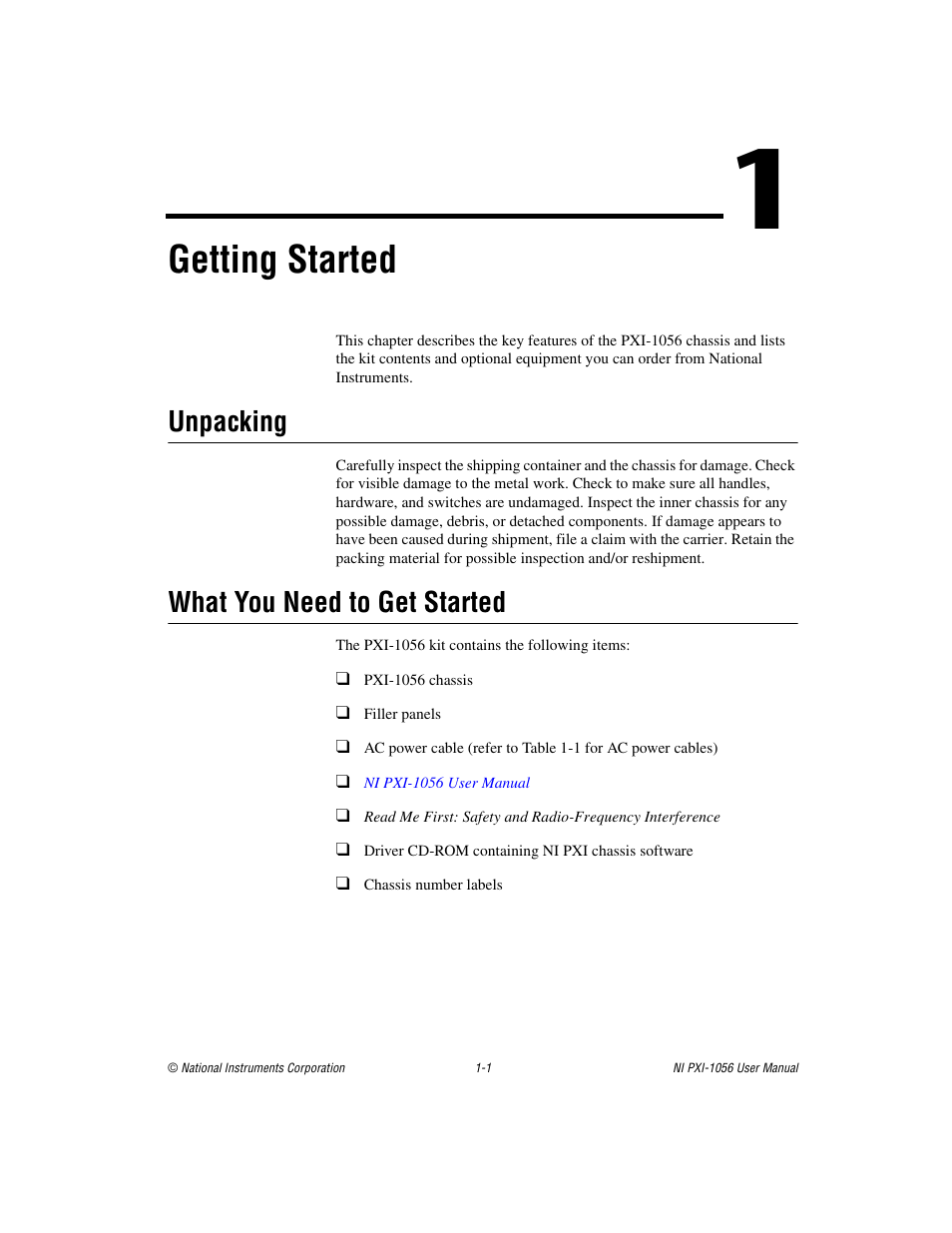 Chapter 1 getting started, Unpacking, What you need to get started | Unpacking -1 what you need to get started -1, Getting started | National Instruments NI PXI-1056 User Manual | Page 8 / 65