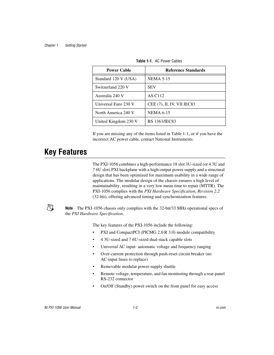 Table 1-1. ac power cables, Key features, Key features -2 | National Instruments NI PXI-1056 User Manual | Page 9 / 65