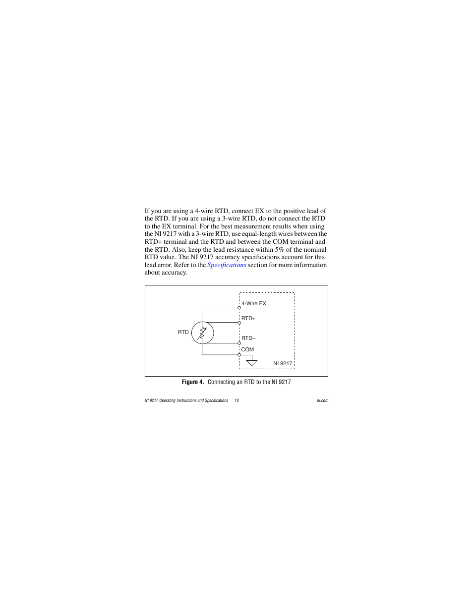 Figure 4. connecting an rtd to the ni 9217 | National Instruments NI 9217 User Manual | Page 10 / 28