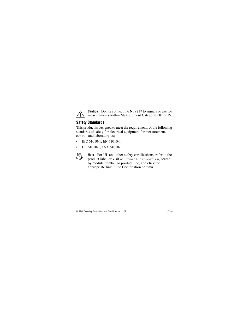 Safety standards | National Instruments NI 9217 User Manual | Page 20 / 28