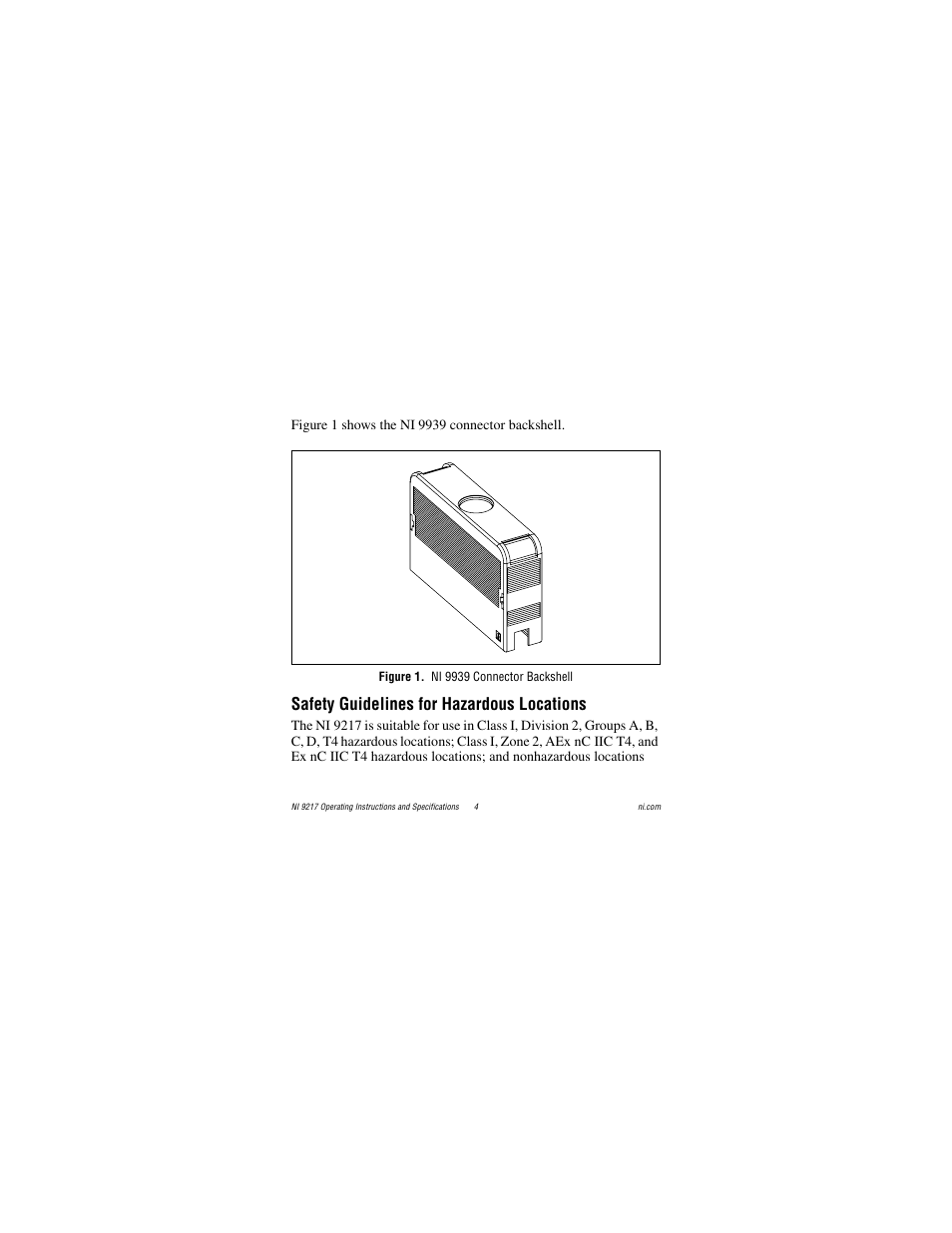 Figure 1. ni 9939 connector backshell, Safety guidelines for hazardous locations | National Instruments NI 9217 User Manual | Page 4 / 28
