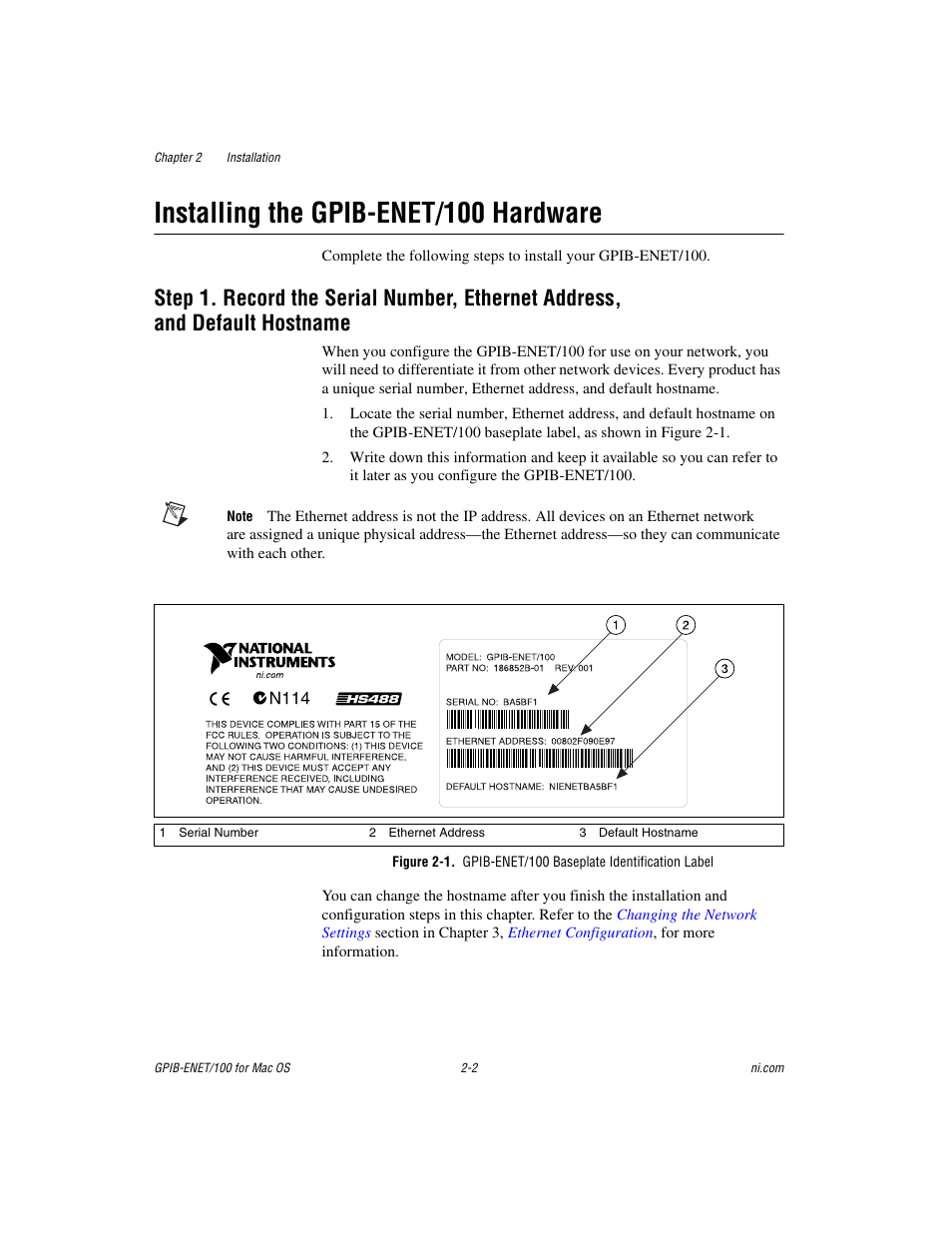 Installing the gpib-enet/100 hardware, Installing the gpib-enet/100 hardware -2, Default hostname -2 | Figure 2-1, Gpib-enet/100 baseplate identification label -2 | National Instruments GPIB-ENET/100 User Manual | Page 17 / 59