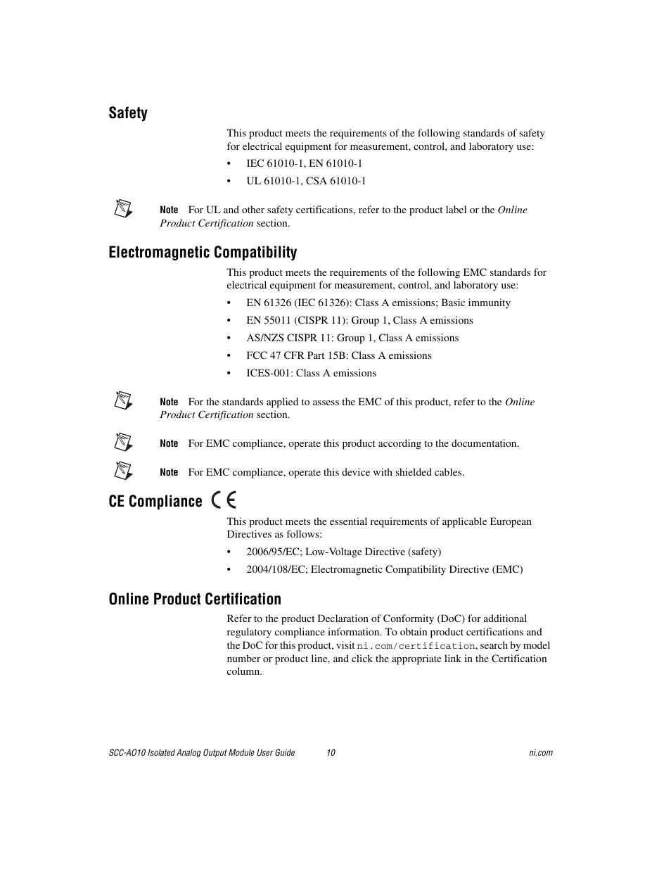 Safety, Electromagnetic compatibility, Ce compliance | Online product certification | National Instruments Isolated Analog Output Module SCC-AO10 User Manual | Page 10 / 12