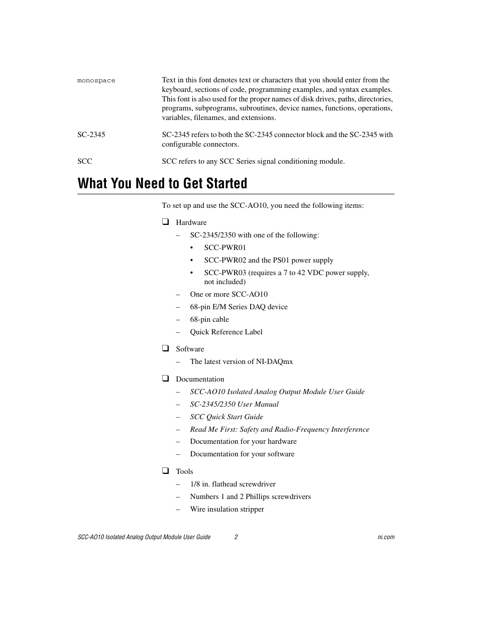 What you need to get started | National Instruments Isolated Analog Output Module SCC-AO10 User Manual | Page 2 / 12