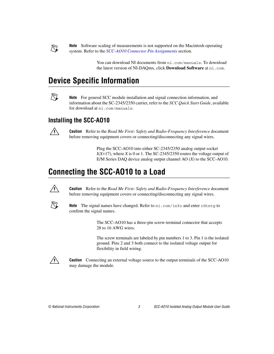 Device specific information, Installing the scc-ao10, Connecting the scc-ao10 to a load | National Instruments Isolated Analog Output Module SCC-AO10 User Manual | Page 3 / 12