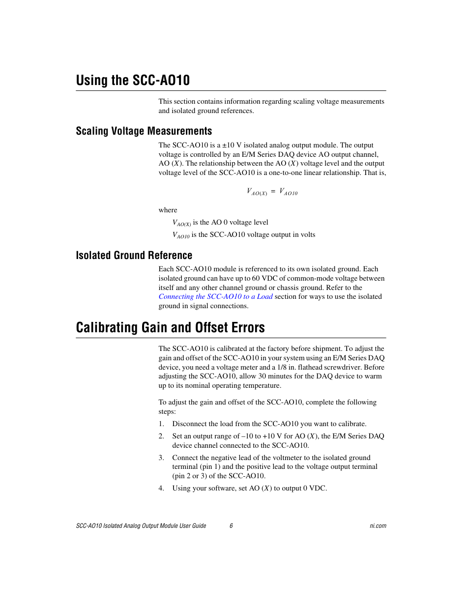 Using the scc-ao10, Scaling voltage measurements, Isolated ground reference | Calibrating gain and offset errors | National Instruments Isolated Analog Output Module SCC-AO10 User Manual | Page 6 / 12