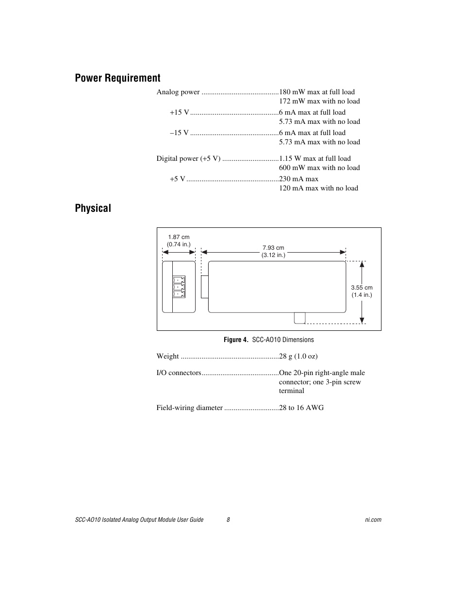 Power requirement, Physical, Figure 4. scc-ao10 dimensions | National Instruments Isolated Analog Output Module SCC-AO10 User Manual | Page 8 / 12