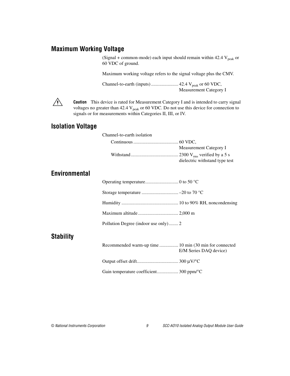 Maximum working voltage, Isolation voltage, Environmental | Stability | National Instruments Isolated Analog Output Module SCC-AO10 User Manual | Page 9 / 12