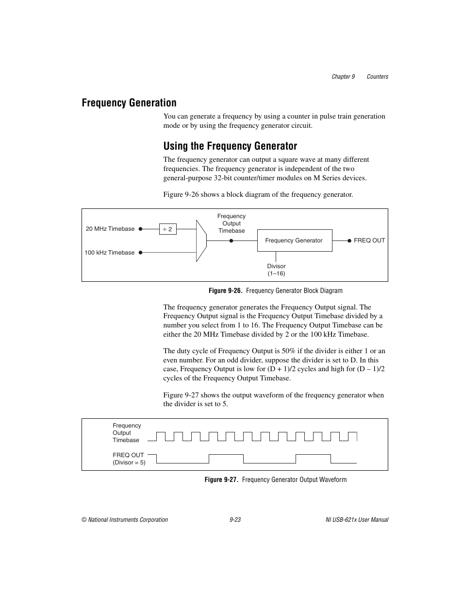 Frequency generation, Using the frequency generator, Figure 9-26. frequency generator block diagram | Figure 9-27. frequency generator output waveform, Frequency generation -23, Using the frequency generator -23 | National Instruments NI USB-621x User Manual | Page 103 / 178
