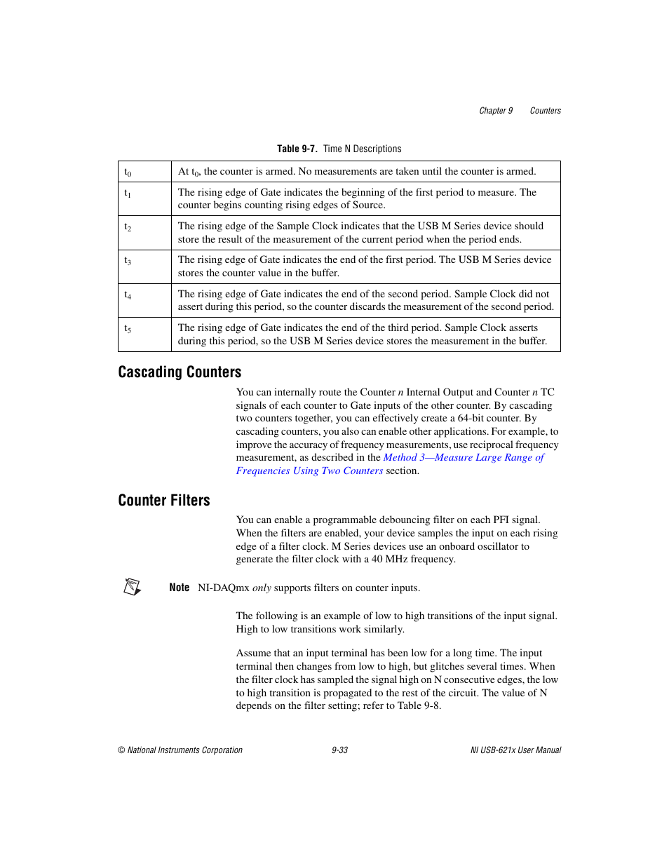 Table 9-7. time n descriptions, Cascading counters, Counter filters | Cascading counters -33 counter filters -33 | National Instruments NI USB-621x User Manual | Page 113 / 178