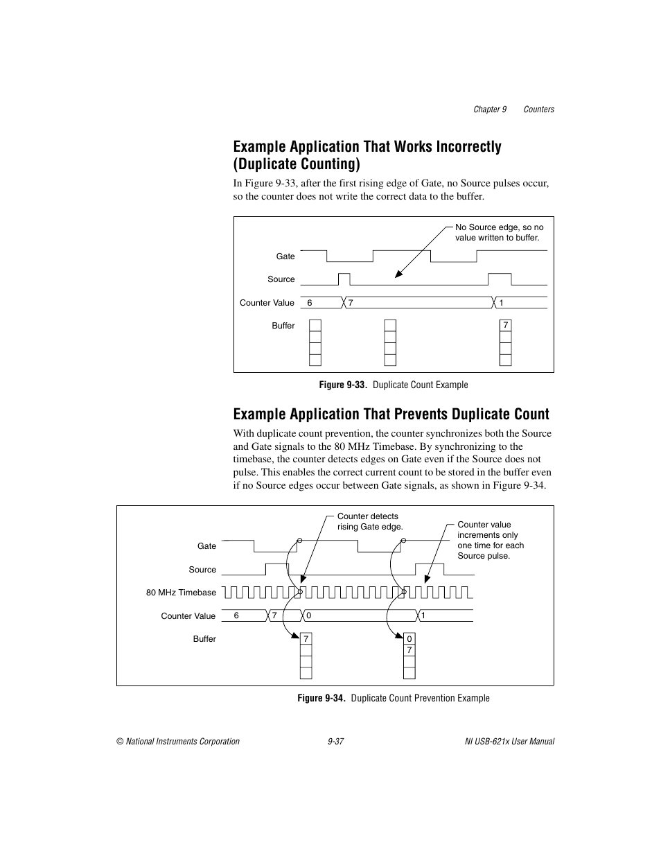 Figure 9-33. duplicate count example, Example application that prevents duplicate count, Figure 9-34. duplicate count prevention example | Example application that works incorrectly, Duplicate counting) -37 | National Instruments NI USB-621x User Manual | Page 117 / 178