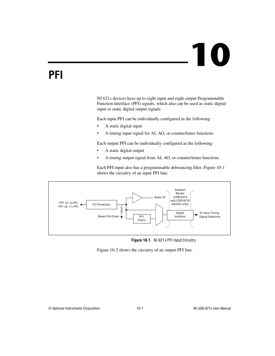 Chapter 10 pfi, Figure 10-1. ni 621x pfi input circuitry | National Instruments NI USB-621x User Manual | Page 119 / 178
