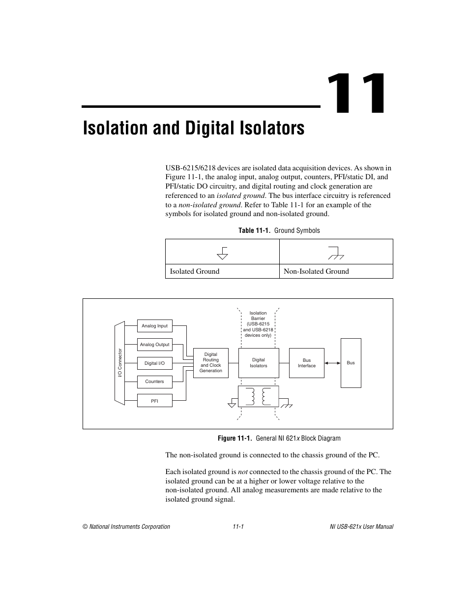 Chapter 11 isolation and digital isolators, Table 11-1. ground symbols, Figure 11-1. general ni 621x block diagram | Isolation and digital isolators | National Instruments NI USB-621x User Manual | Page 125 / 178
