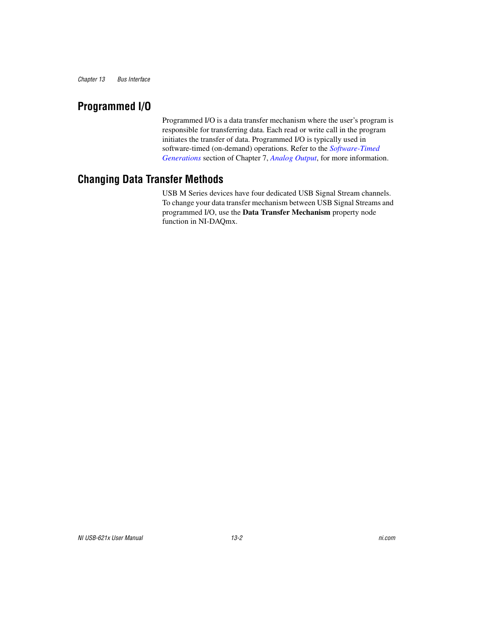 Programmed i/o, Changing data transfer methods | National Instruments NI USB-621x User Manual | Page 132 / 178