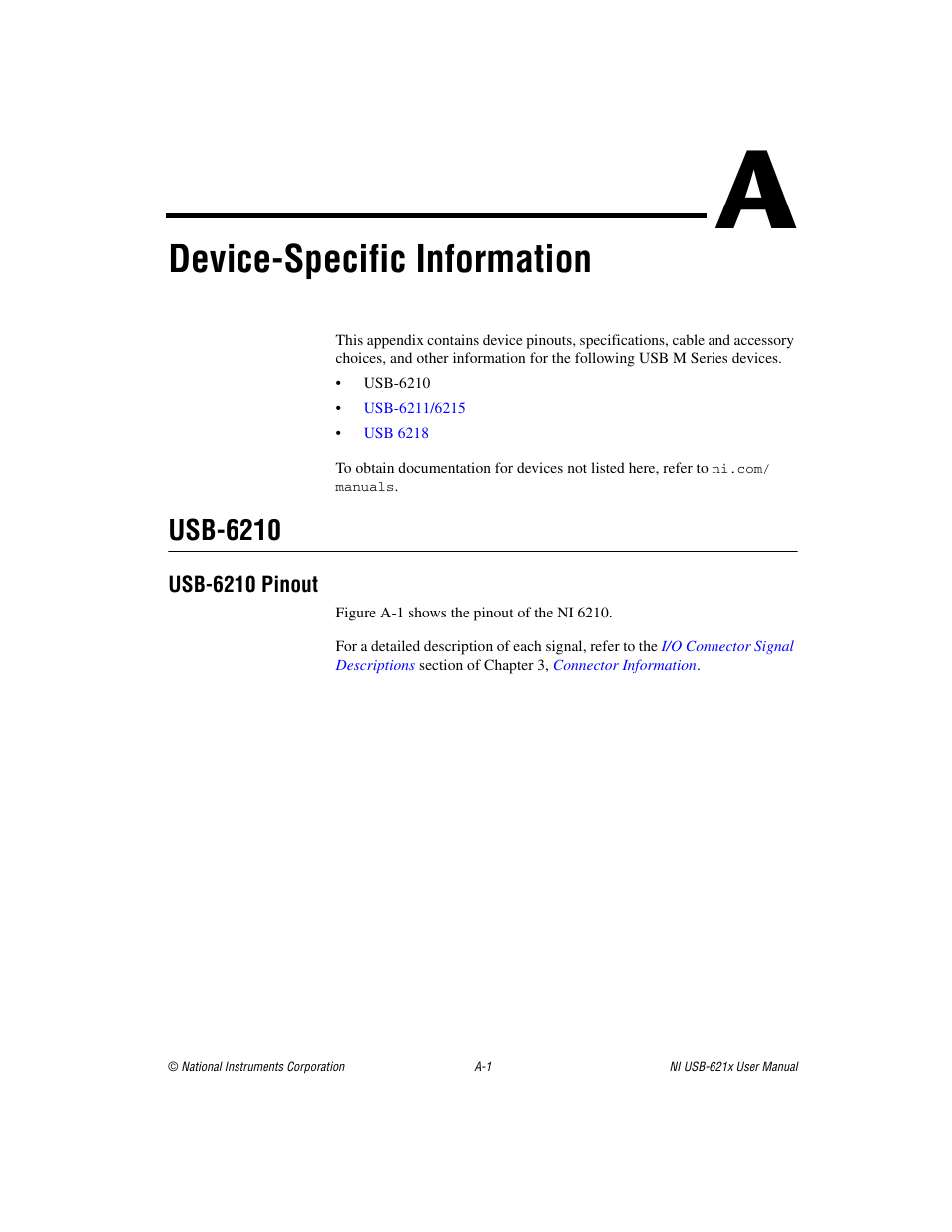 Appendix a device-specific information, Device-specific information, Ix a | Usb-6210 | National Instruments NI USB-621x User Manual | Page 135 / 178