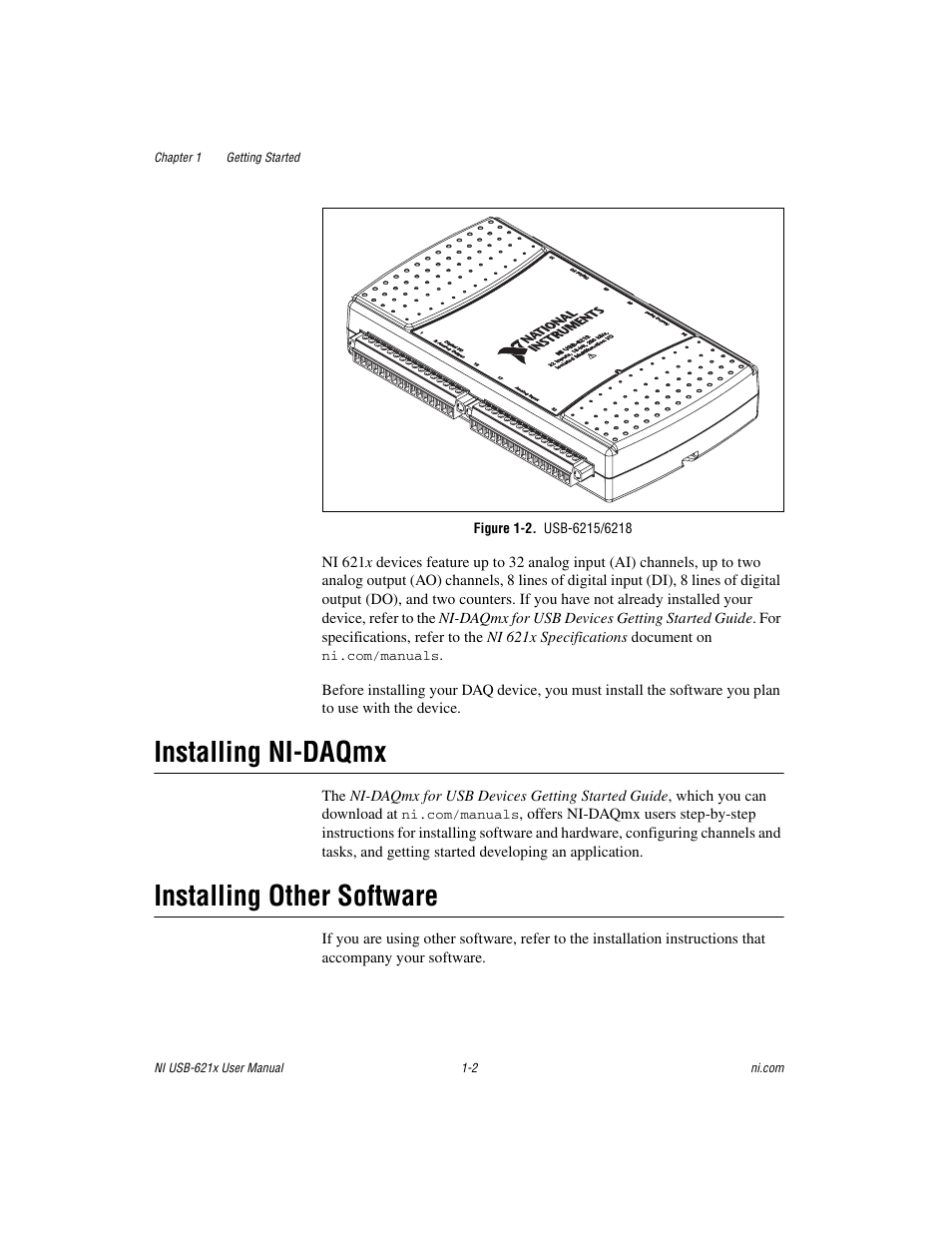 Figure 1-2. usb-6215/6218, Installing ni-daqmx, Installing other software | National Instruments NI USB-621x User Manual | Page 18 / 178