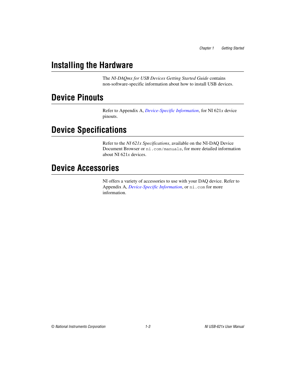 Installing the hardware, Device pinouts, Device specifications | Device accessories | National Instruments NI USB-621x User Manual | Page 19 / 178