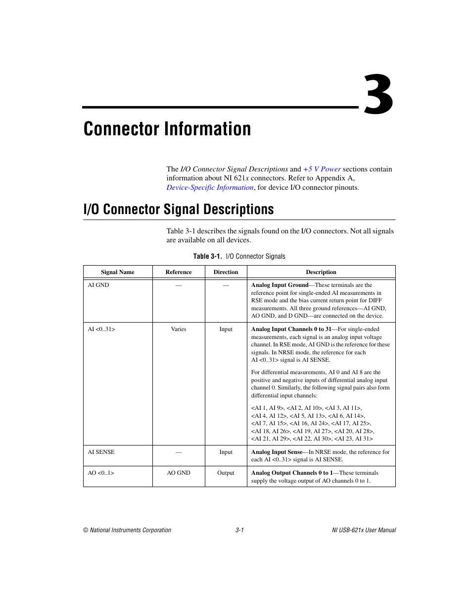 Chapter 3 connector information, I/o connector signal descriptions, Table 3-1. i/o connector signals | I/o connector signal descriptions -1, Connector information | National Instruments NI USB-621x User Manual | Page 24 / 178