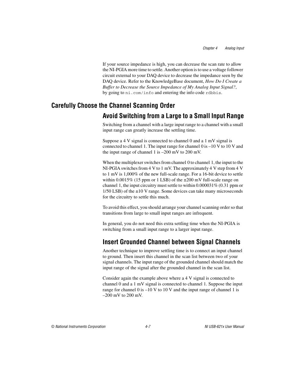 Carefully choose the channel scanning order, Insert grounded channel between signal channels, Carefully choose the channel scanning order -7 | National Instruments NI USB-621x User Manual | Page 33 / 178