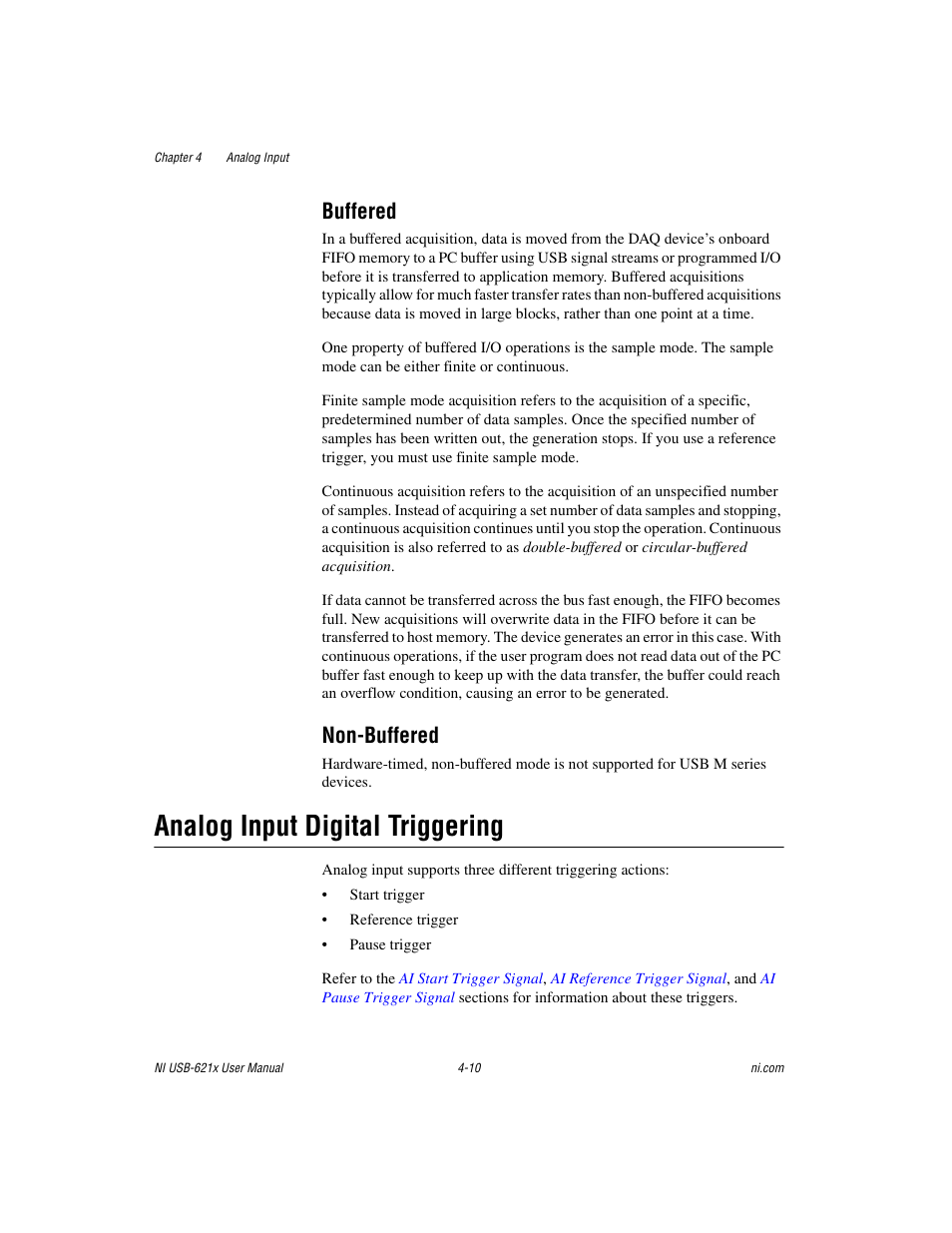Buffered, Non-buffered, Analog input digital triggering | Buffered -10 non-buffered -10, Analog input digital triggering -10 | National Instruments NI USB-621x User Manual | Page 36 / 178