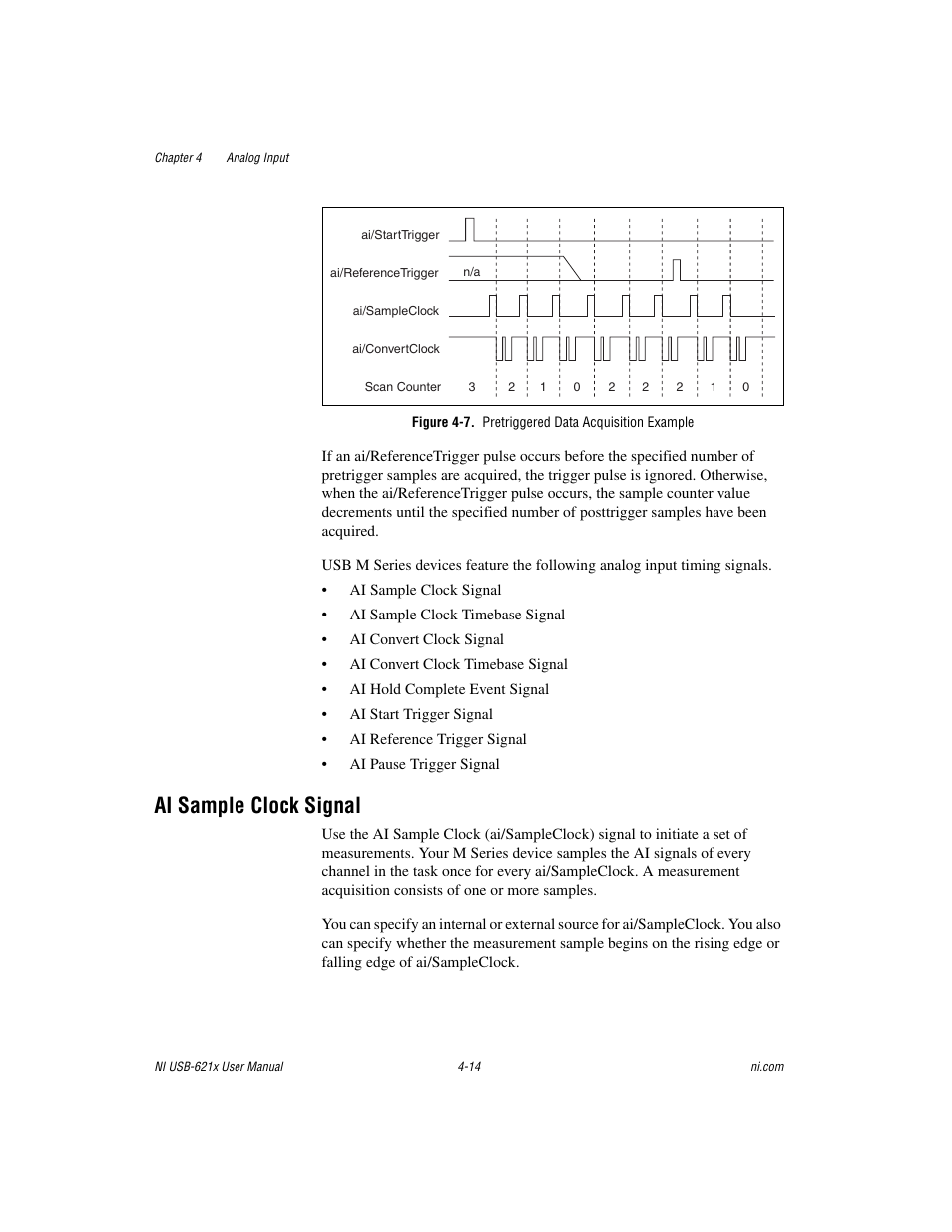 Figure 4-7. pretriggered data acquisition example, Ai sample clock signal, Ai sample clock signal -14 | National Instruments NI USB-621x User Manual | Page 40 / 178