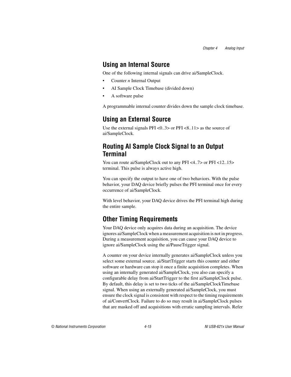 Using an internal source, Using an external source, Other timing requirements | National Instruments NI USB-621x User Manual | Page 41 / 178