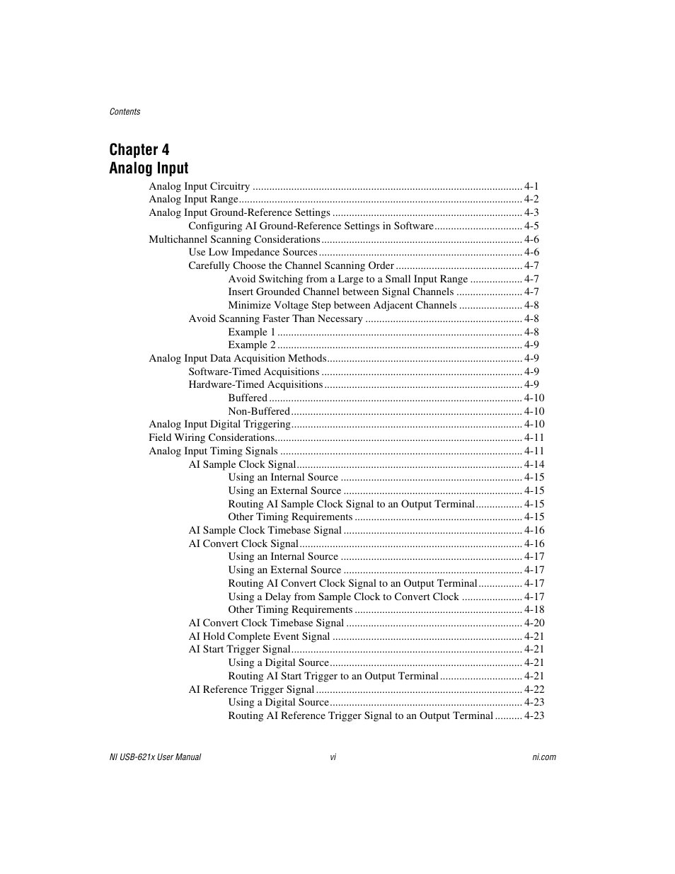 Chapter 4 analog input | National Instruments NI USB-621x User Manual | Page 6 / 178