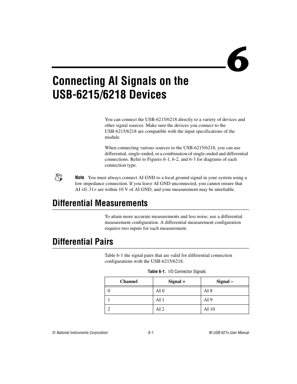 Differential measurements, Differential pairs, Table 6-1. i/o connector signals | Differential measurements -1 differential pairs -1 | National Instruments NI USB-621x User Manual | Page 64 / 178