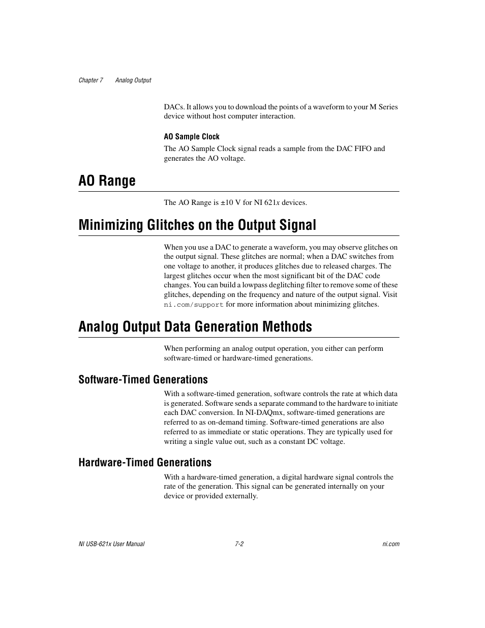 Ao range, Minimizing glitches on the output signal, Analog output data generation methods | Software-timed generations, Hardware-timed generations | National Instruments NI USB-621x User Manual | Page 69 / 178