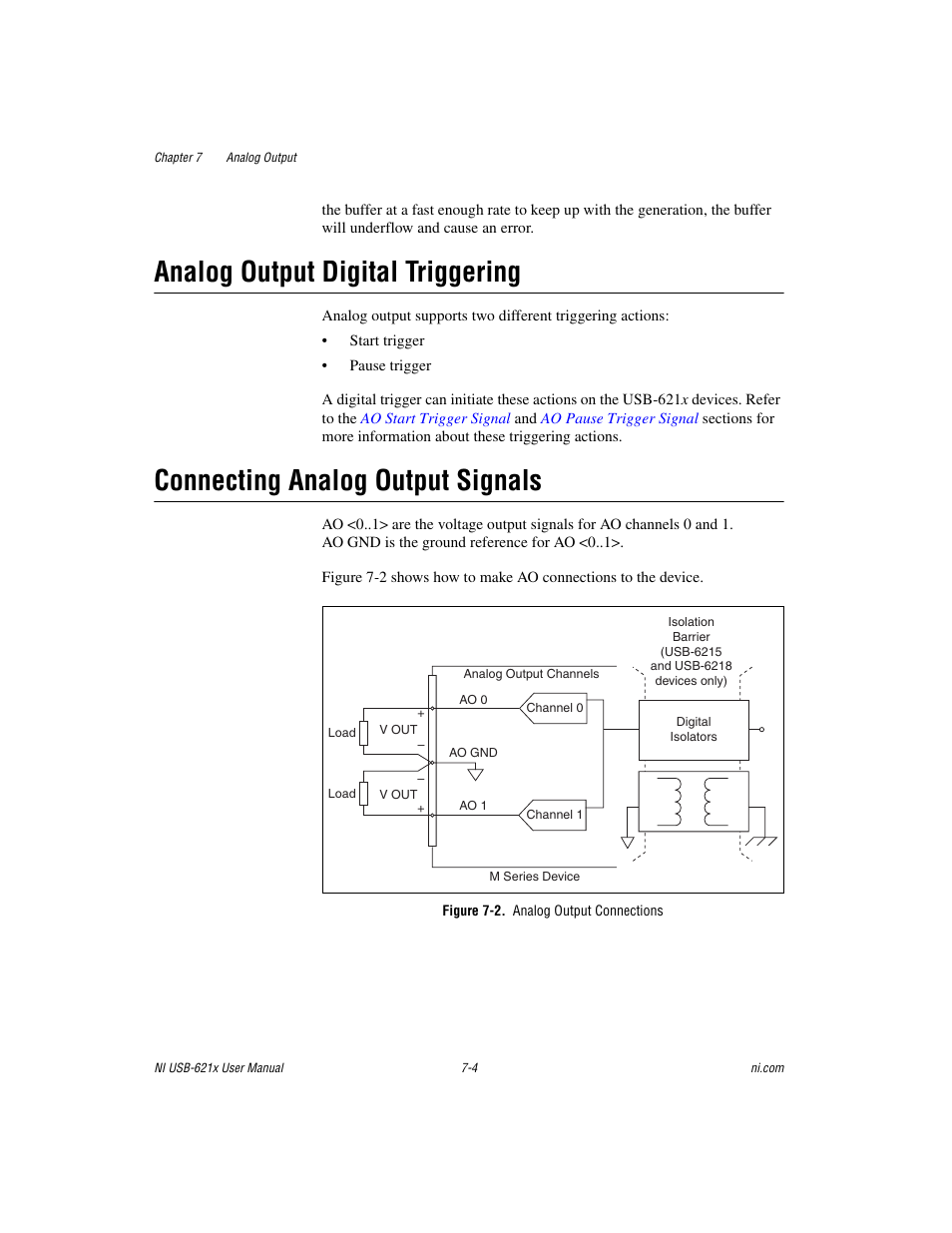 Analog output digital triggering, Connecting analog output signals, Figure 7-2. analog output connections | National Instruments NI USB-621x User Manual | Page 71 / 178