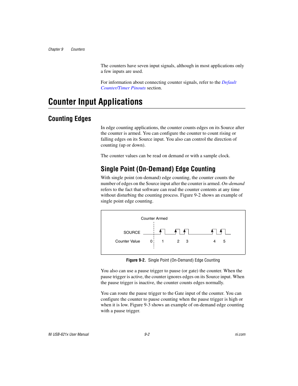 Counter input applications, Counting edges, Single point (on-demand) edge counting | Figure 9-2. single point (on-demand) edge counting, Counter input applications -2, Counting edges -2, Single point (on-demand) edge counting -2 | National Instruments NI USB-621x User Manual | Page 82 / 178