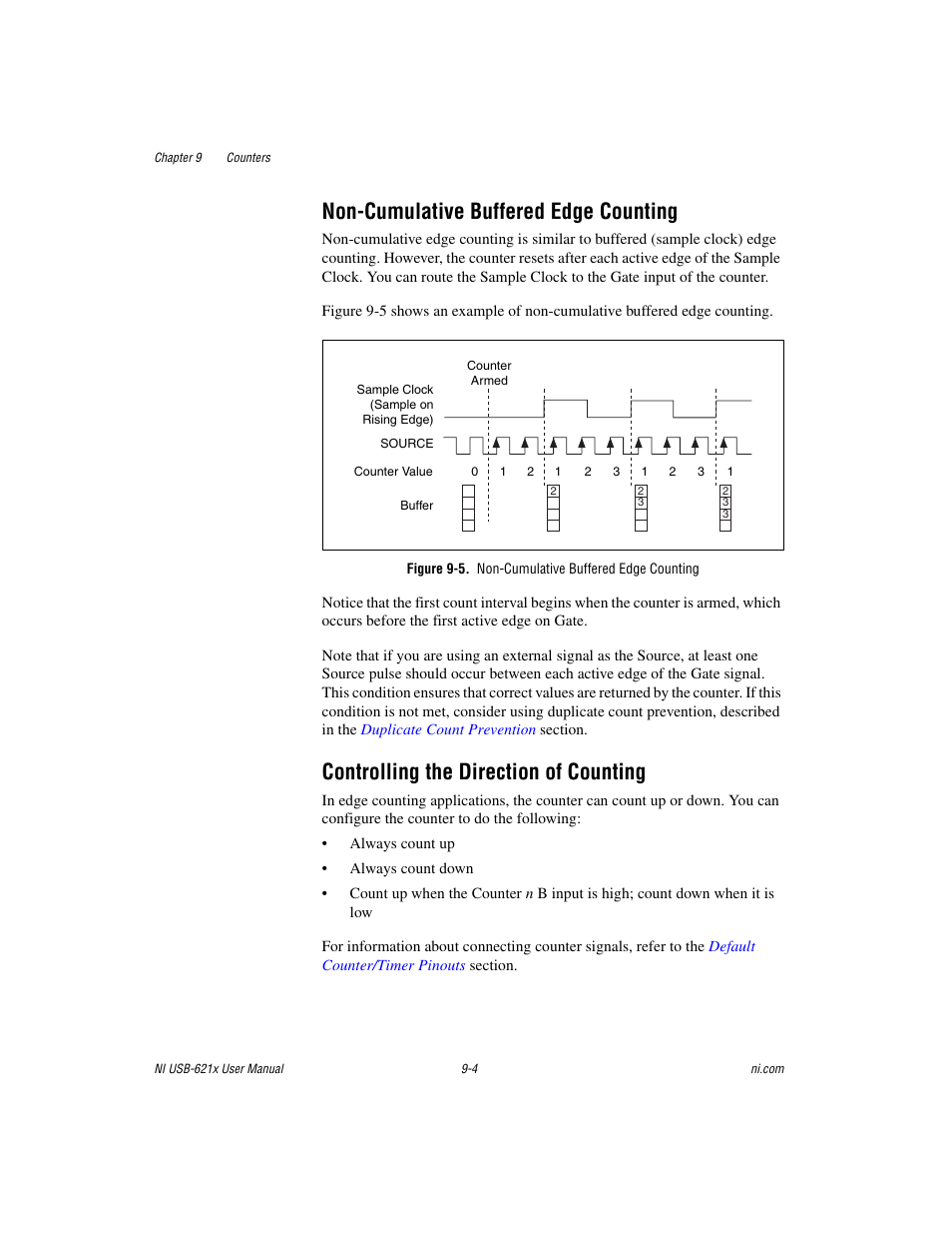 Non-cumulative buffered edge counting, Figure 9-5. non-cumulative buffered edge counting, Controlling the direction of counting | National Instruments NI USB-621x User Manual | Page 84 / 178