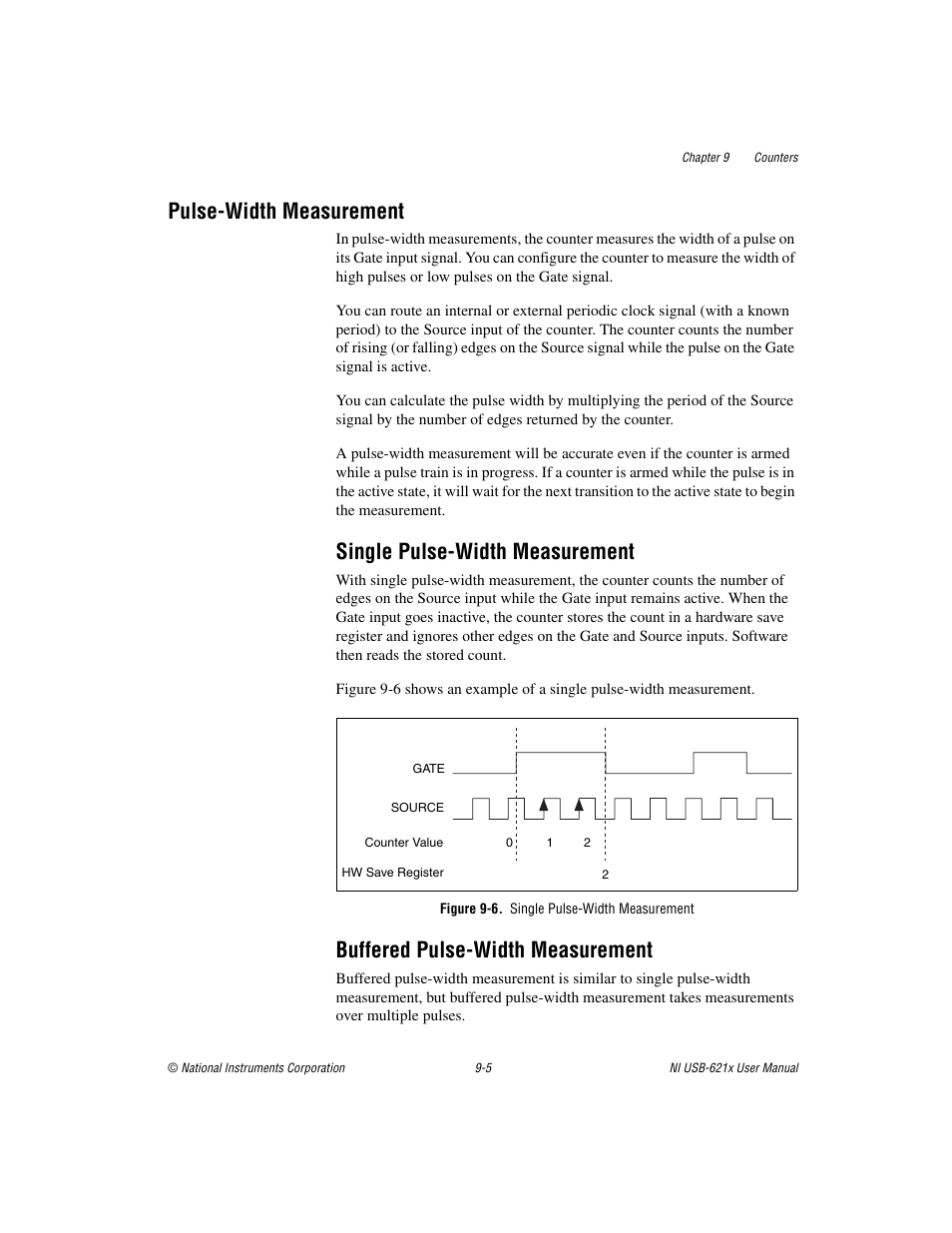 Pulse-width measurement, Single pulse-width measurement, Figure 9-6. single pulse-width measurement | Buffered pulse-width measurement, Pulse-width measurement -5 | National Instruments NI USB-621x User Manual | Page 85 / 178