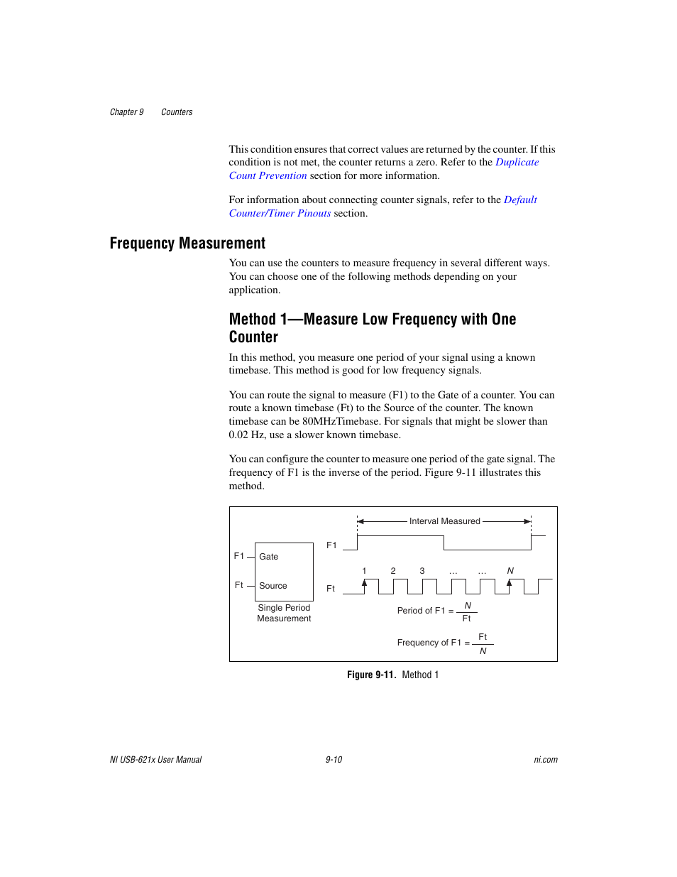 Frequency measurement, Method 1-measure low frequency with one counter, Figure 9-11. method 1 | Frequency measurement -10, Method 1—measure low frequency with one counter | National Instruments NI USB-621x User Manual | Page 90 / 178