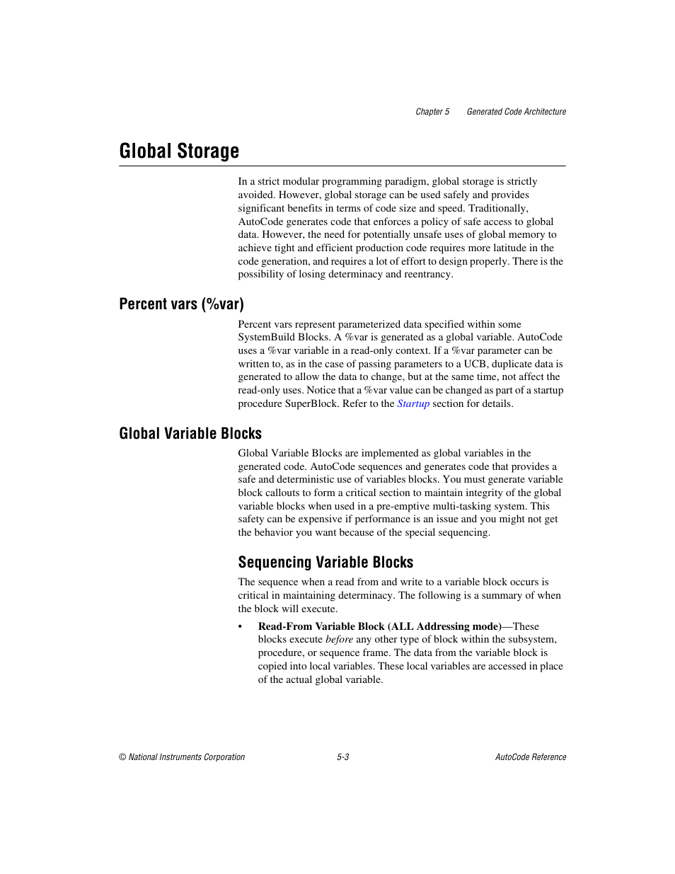 Global storage, Percent vars (%var), Global variable blocks | Sequencing variable blocks, Global storage -3, Percent vars (%var) -3 global variable blocks -3, Sequencing variable blocks -3 | National Instruments AutoCode NI MATRIX User Manual | Page 111 / 250