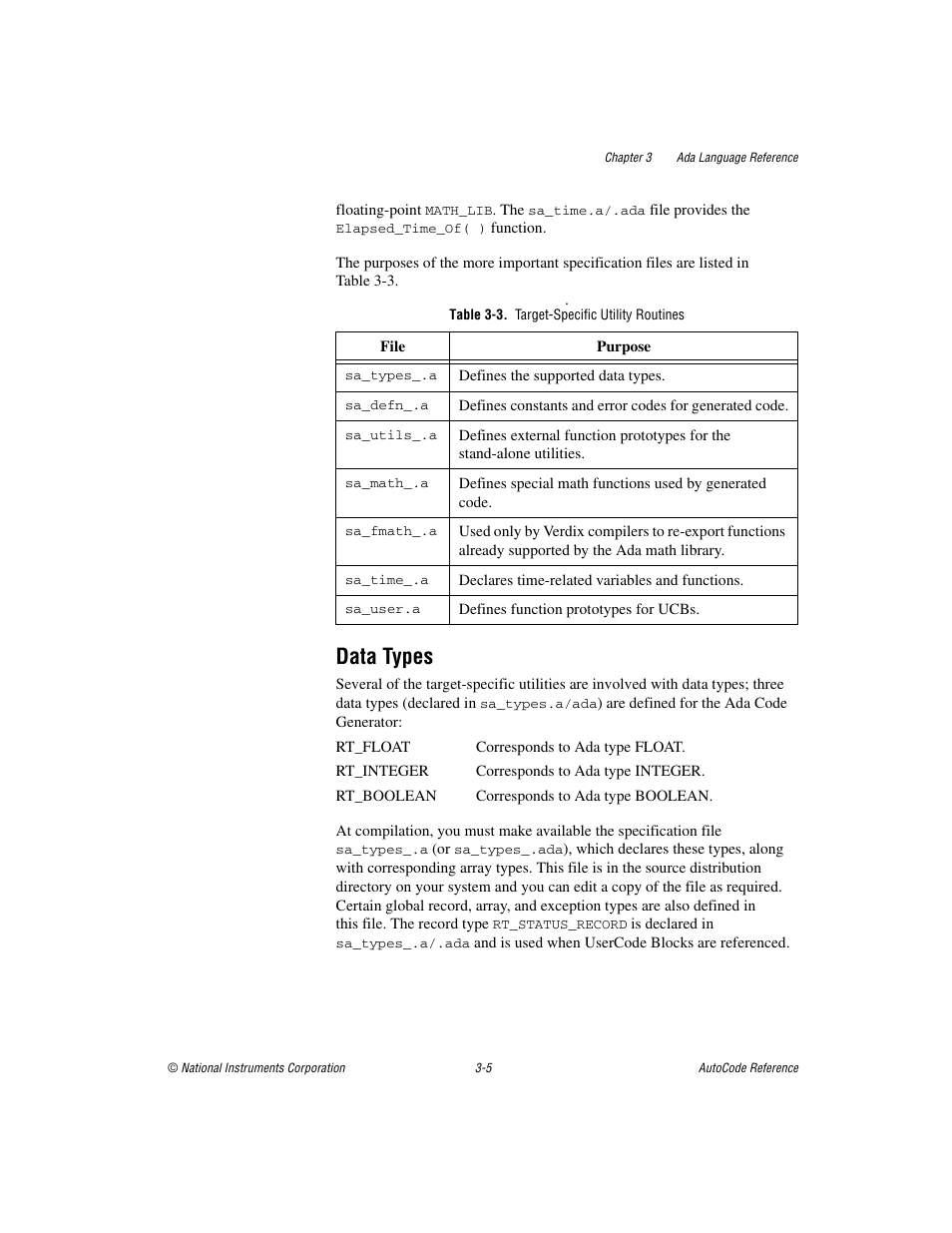 Table 3-3. target-specific utility routines, Data types, Data types -5 | National Instruments AutoCode NI MATRIX User Manual | Page 67 / 250