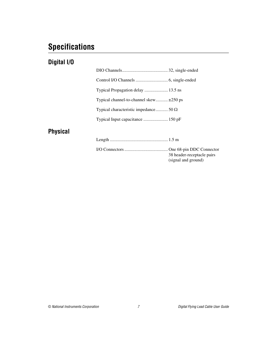 Specifications, Digital i/o, Physical | National Instruments SHC68-H1X38 User Manual | Page 7 / 8