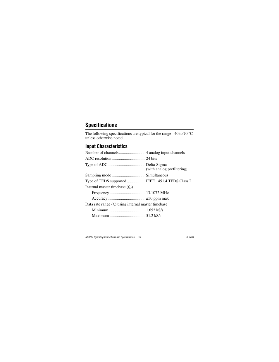 Specifications, Input characteristics | National Instruments NI 9234 User Manual | Page 18 / 36