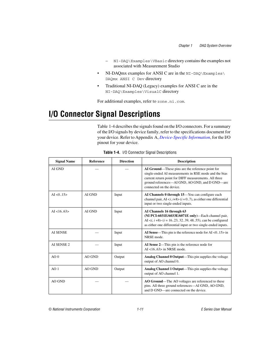 I/o connector signal descriptions, Table 1-4. i/o connector signal descriptions, I/o connector signal descriptions -11 | National Instruments Data Acquisition Device E Series User Manual | Page 28 / 264
