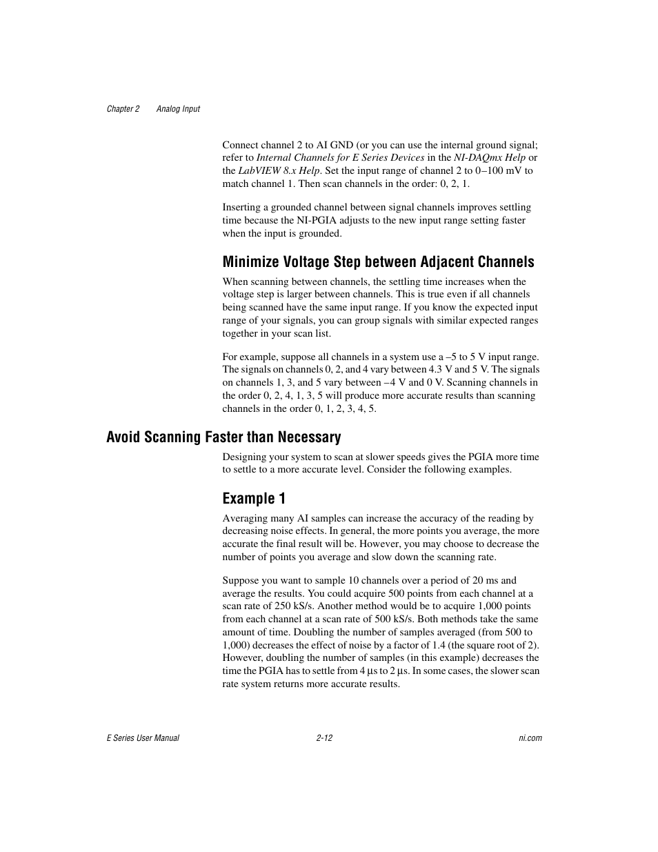 Minimize voltage step between adjacent channels, Avoid scanning faster than necessary, Example 1 | Avoid scanning faster than necessary -12, Example 1 -12 | National Instruments Data Acquisition Device E Series User Manual | Page 45 / 264