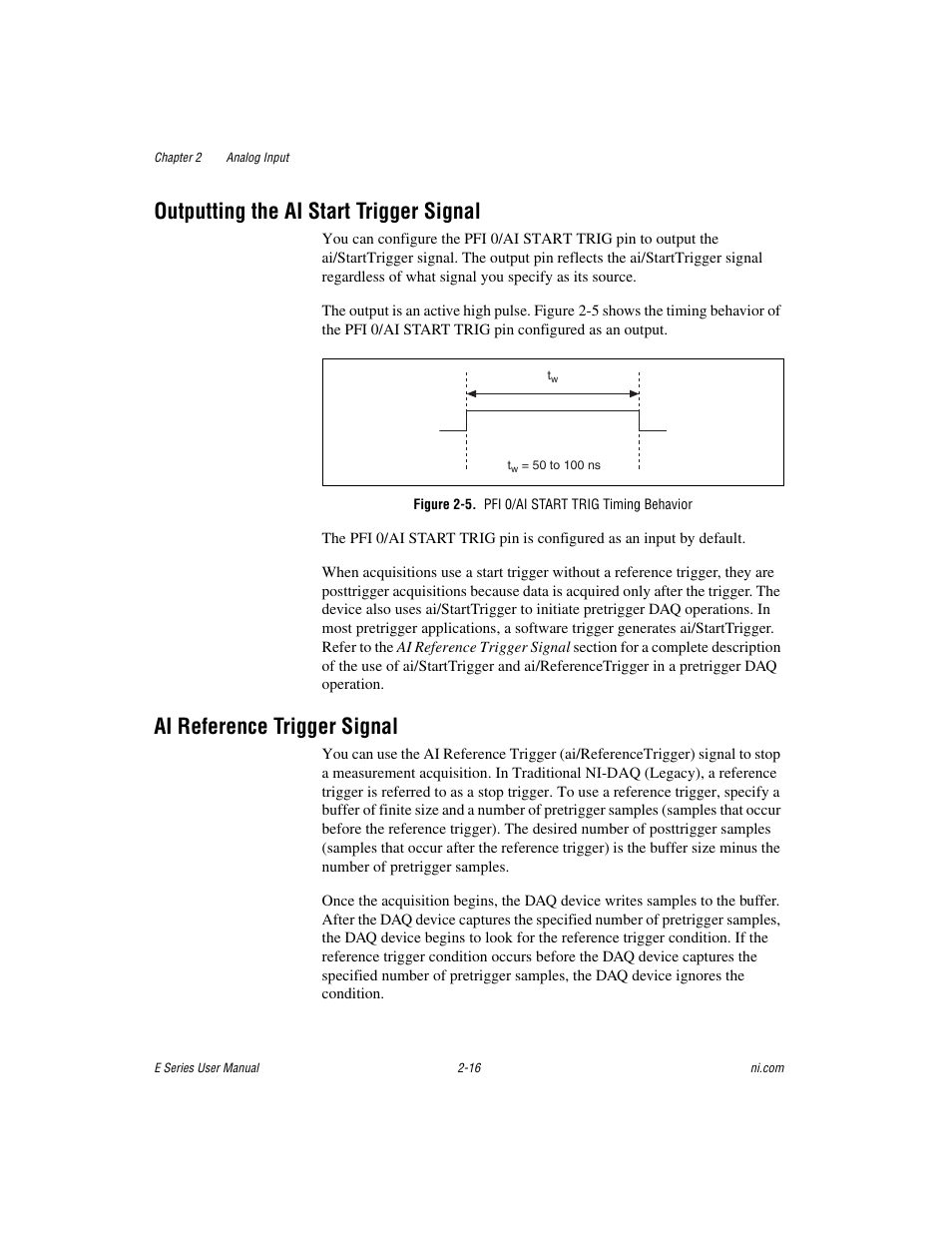 Outputting the ai start trigger signal, Figure 2-5. pfi 0/ai start trig timing behavior, Ai reference trigger signal | National Instruments Data Acquisition Device E Series User Manual | Page 49 / 264