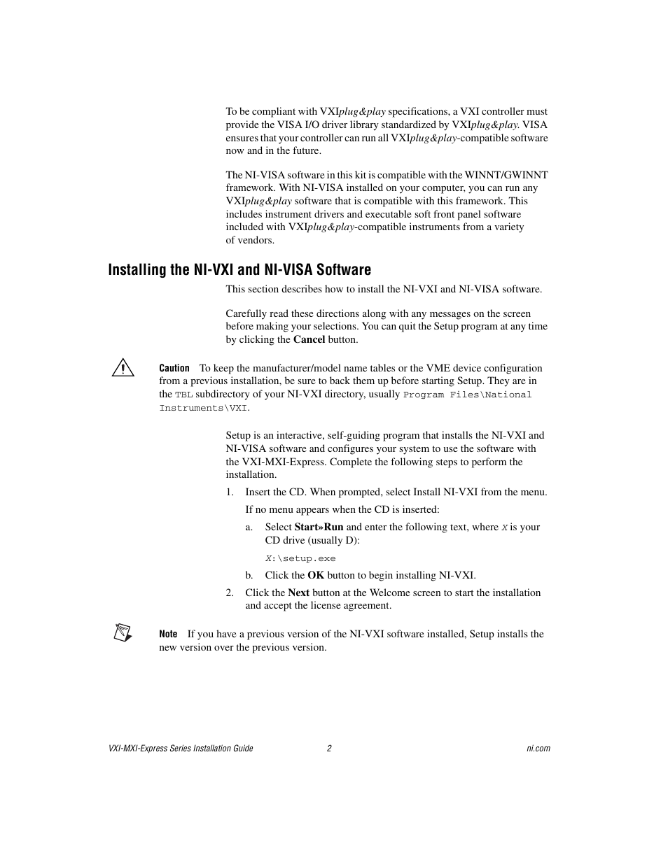 Installing the ni-vxi and ni-visa software | National Instruments VXI-MXI-Express Series User Manual | Page 2 / 8
