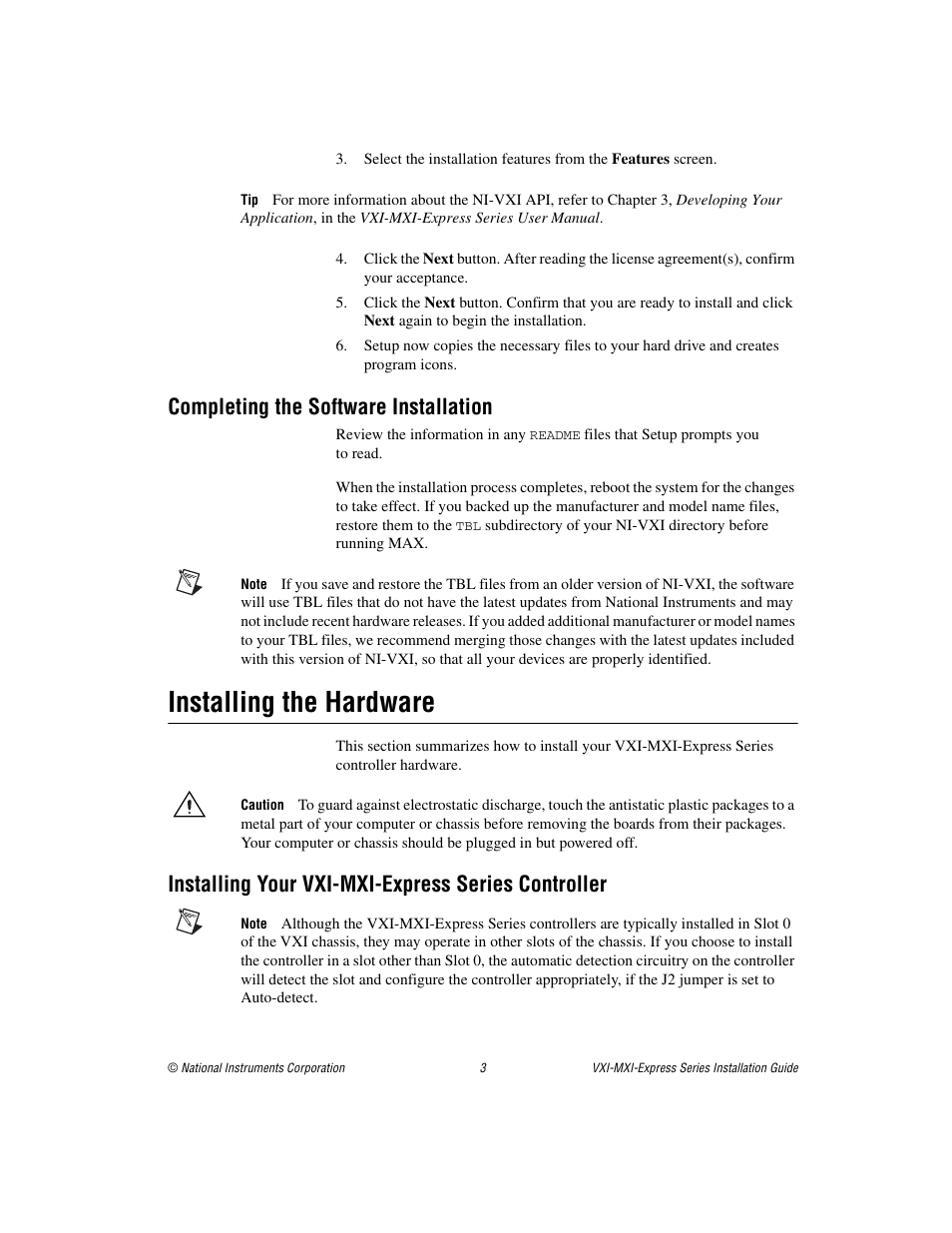 Completing the software installation, Installing the hardware, Installing your vxi-mxi-express series controller | National Instruments VXI-MXI-Express Series User Manual | Page 3 / 8