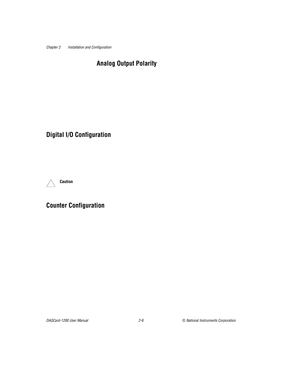 Analog output polarity, Digital i/o configuration, Counter configuration | Analog output polarity -6 | National Instruments DAQCard-1200 User Manual | Page 22 / 101