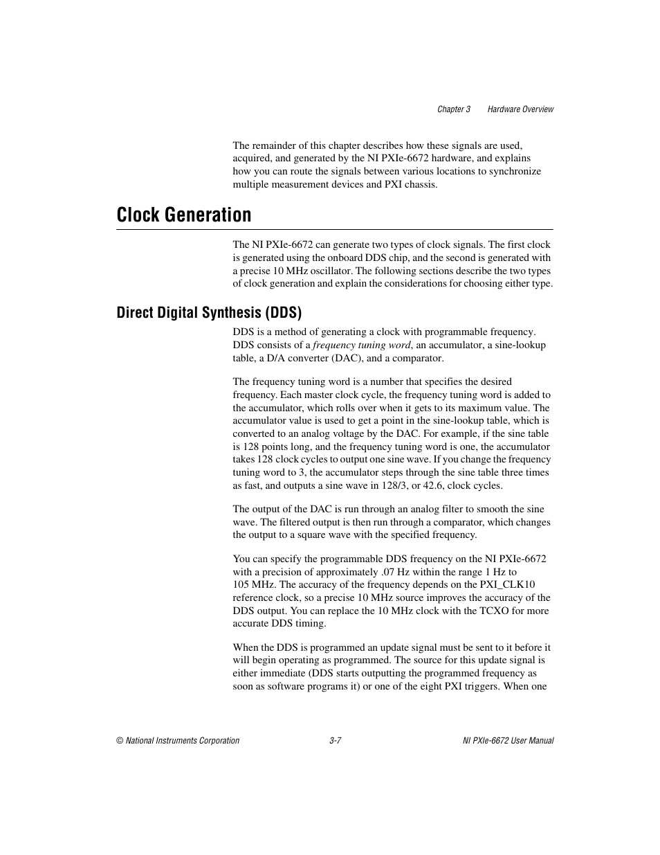 Clock generation, Direct digital synthesis (dds), Clock generation -7 | Direct digital synthesis (dds) -7 | National Instruments NI PXIe-6672 User Manual | Page 20 / 57